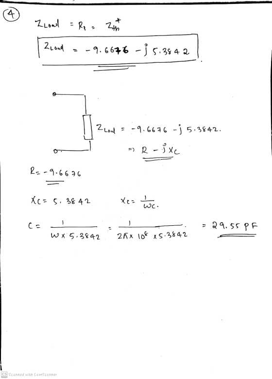 4 * a cool = Rp s 2th 2 load -9.6676 -35.384 2. o 2 Lool 5.-9.6676 -3 5.3842. =) R - .jxc. R=-9.6676 Xc=5.3842 Xcs wc. ca = 2