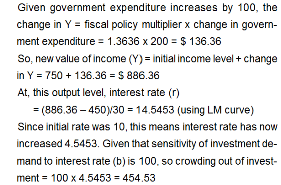 change in Y = fiscal policy multiplier x change in govern- ment expenditure 1.3636 x 200 - $ 136.36 So, new value of income (Y) = initial income level + change in Y 750 + 136.36-$ 886.36 At, this output level, interest rate (r) - (886.36 - 450)/30 14.5453 (using LM curve) Since initial rate was 10, this means interest rate has now increased 4.5453. Given that sensitivity of investment de- mand to interest rate (b) is 100, so crowding out of invest- ment 100 x 4.5453 454.53