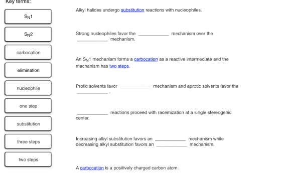 Key terms: Alkyl halides undergo substitution reactions with nucleophiles. Strong nucleophiles favor the mechanism. mechanism