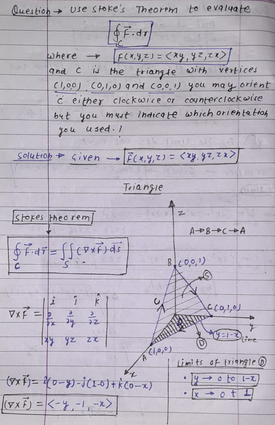 Question use stokes Theorem to evaluate brodo land c is the triangle where [F(x, y, z) = (xy, yz, 2x) with vertices (1,00),(