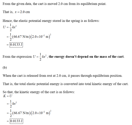 From the given data, the cart is moved 2.0 cm from its equilibrium point. That is, x =2.0 cm Hence, the elastic potential ene