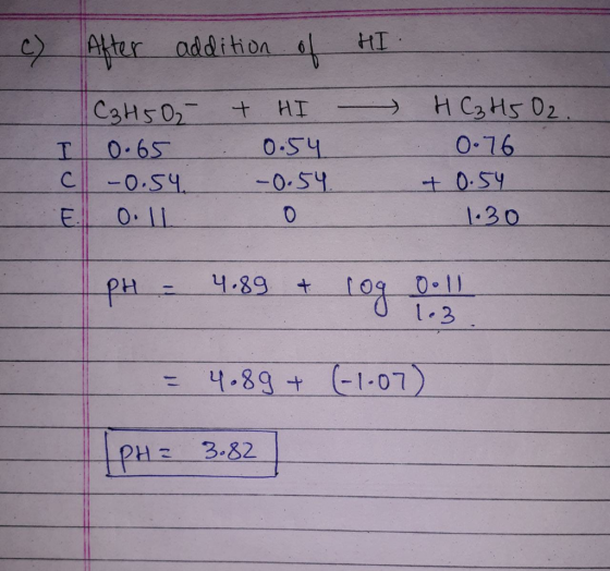c) After addition of HI I C E C3H50- 0.65 -0.54 0.11 + HI 0.54 -0.54 0 НС, НО, 0.76 +0.54 1.30 PH - 4.89 + rogol = 4.89 + (-1