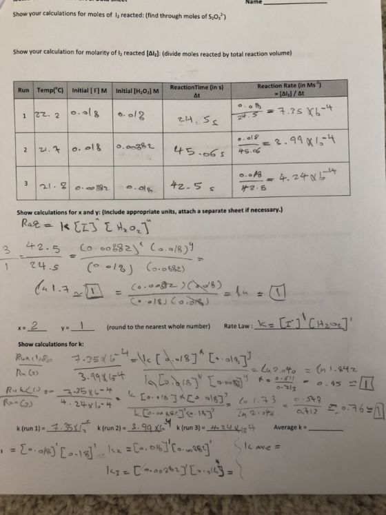 Name Show your calculations for moles of lz reacted: (find through moles of S,0,?) Show your calculation for molarity of la r
