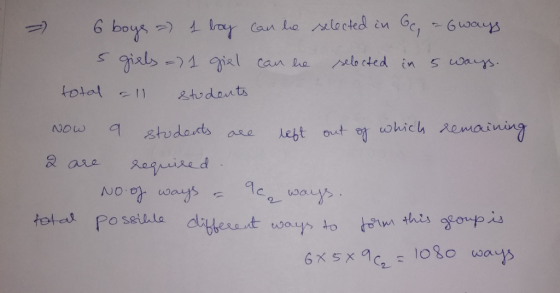 - 6 boys a) 1 boy can be selected in Gc, = Gways s giels = 1 giel can be selected in 5 ways. total all students Now a student