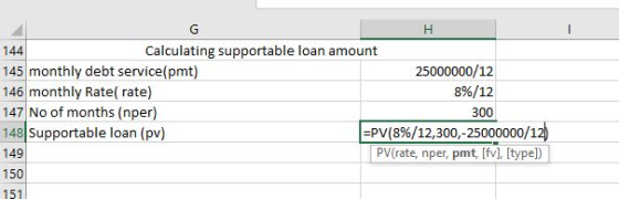 144 145 monthly debt service(pmt) 146 monthly Rate( rate) 147 No of months (nper) 148 Supportable loan (pv) 149 150 151 Calcu