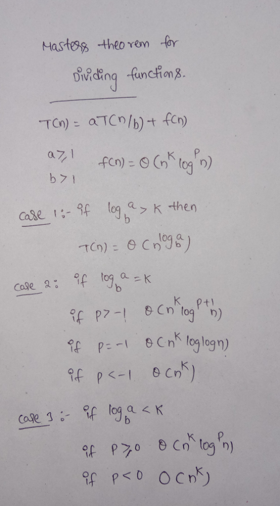 Masters theorem for Dividing functions. TCN) - QTCN/b) + fch) a>,! f(n) = 0 (sk login) bol case 1: if log ask then TC) = 0 Co
