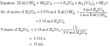 Equation 2KAI(OH), +4HrSO.-KpO,+ A, (SO,),+ 8Hao N° of moles of H2SO4 = 0.070 mol KAI (OH)4 × 4 mol H2SO 2 mol KA(OH) 0.14 mo