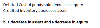 Debited Cost of goods sold decreases equity Credited inventory decreases asset b. a decrease in assets and a decrease in equi