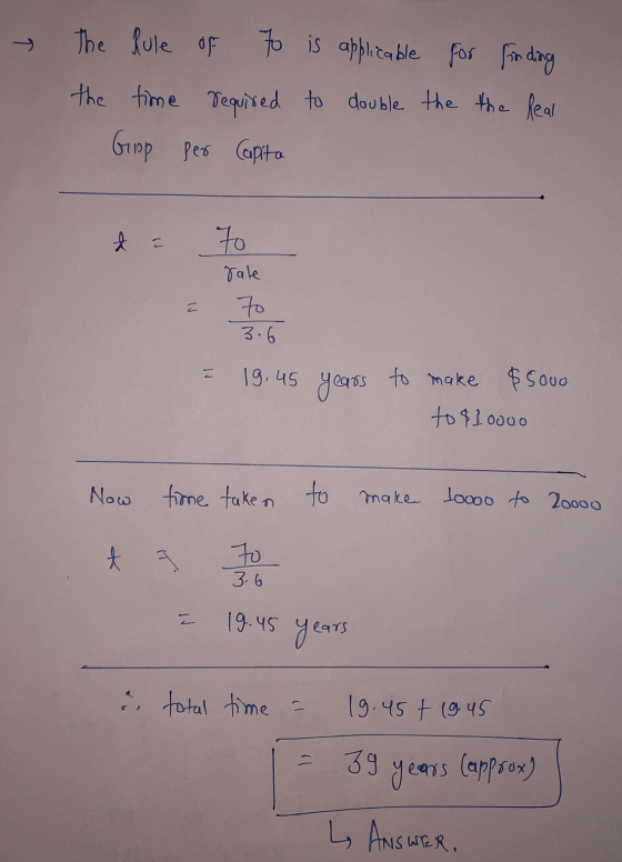T The Rule of to is applicable for finding the time required to double the the Real Giop per capita t a 70 sale 70 3.6 ㄷ = 19