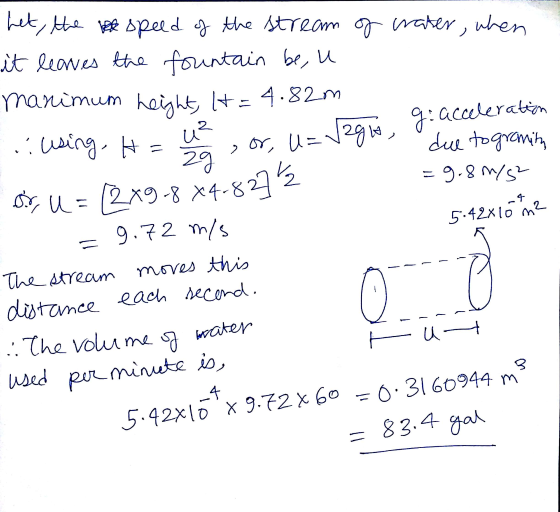 raximum h.82m :acculerain 20 9.7 2 n/s 5-42xlo m .. The Volw me water. 4 .5.42x lo x g.72と60-03/ 60944 ms = 83.4 gal