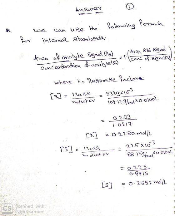 O. Answer Can use the Pollowwing formula Por internal Staordaods: Avea 8kd Bignal Conc of signales Avea of analyte signal (Aa