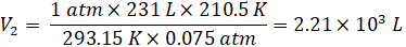 1 atm x 231L x 210.5 K -= 2.21 % 103 L 293.15 KX 0.075 atm
