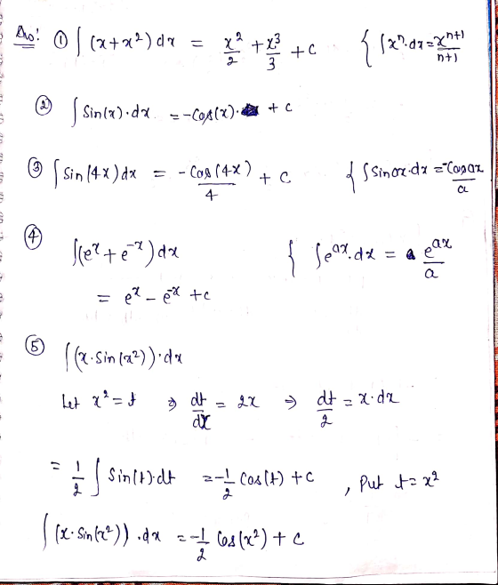 Ag! 0 [(a+2) da = tegas + +C {1x {1x?d7=xt nt) 3 @ Sin(x) dx --CA(x) a + c (sin(4x) dx = -cos (42) S sinar.da zlogaz + C CL 4