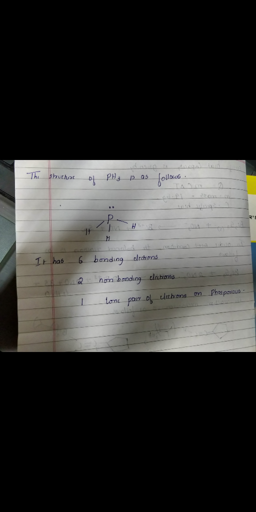 The struchat ol PH3 is as follows 08.- zene It has 6 bonding elections 2 non bonding_latrons Phei porous L - lom pol_01uubos