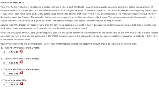 SCENARIO ANALYSIS Your firm, Agrico Products, is considering a tractor that would have a cost of $37,000, would increase pret