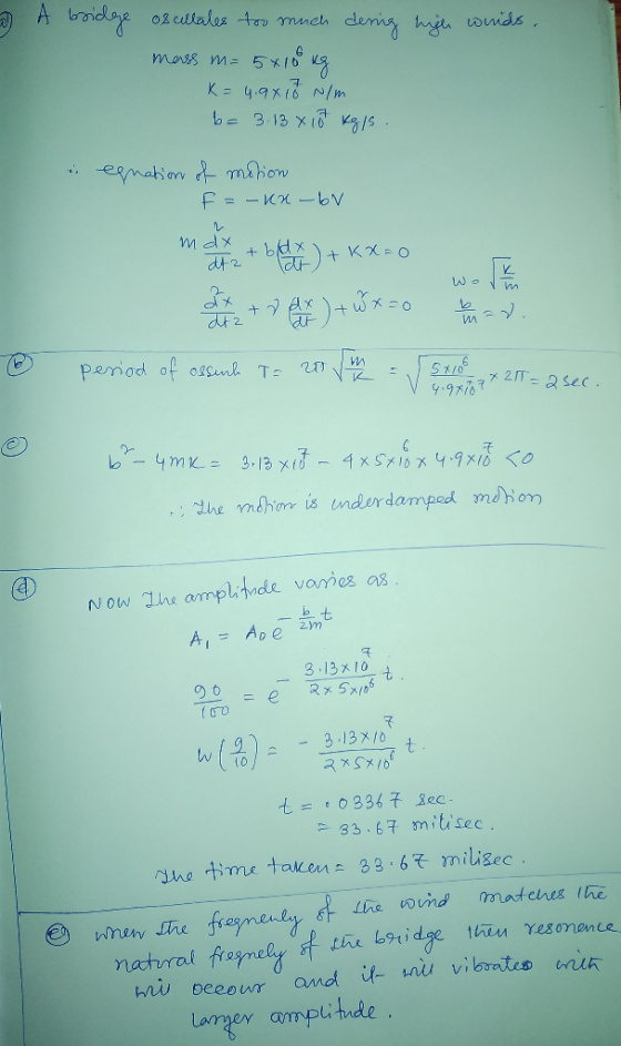 A bridge oscillates too much dering high words, 5*108 ug K= 4.9800 N/m b= 3.13 x 10 kg is moss M= 5 i egnation of motion F=-K