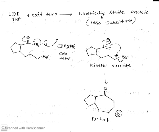 LDA THE + cold temp kinetically Stable enolate Cless substituted CHE CH, (DA.THE cold 37 temp By Kinetic enolate B Product. C