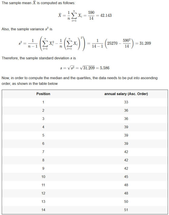 The sample mean X is computed as follows: X=- n X; 590 14 = 42.143 i=1 Also, the sample variance s2 is 1 1 (Ex-+ (2x) 25270 5