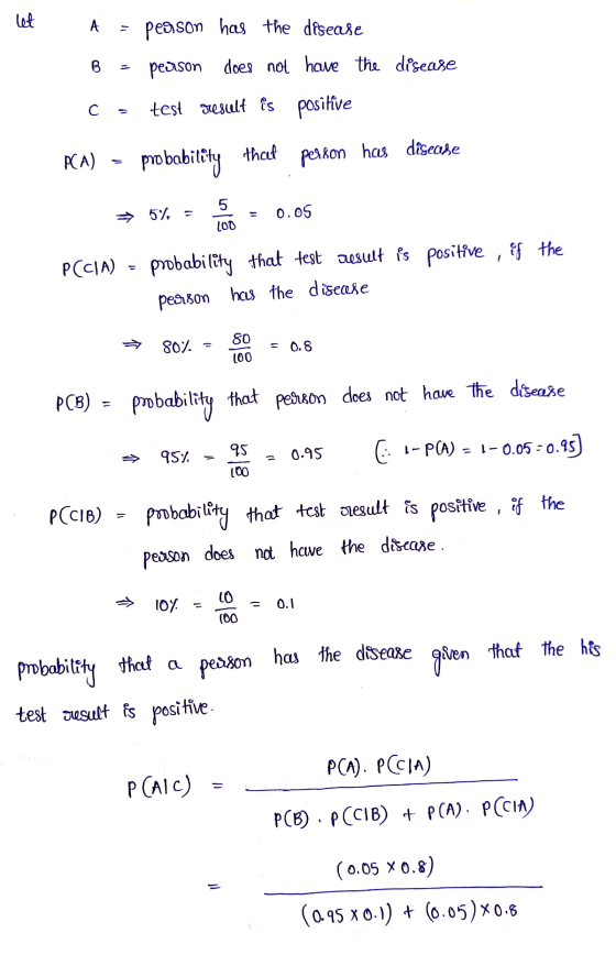let A pearson has the disease peason does not have the disease B test result is positive ACA) that probability person has dis