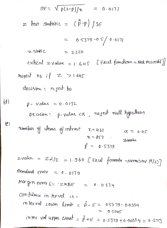 0.017) SE- V PCI-P)/n (Rp) ISE z fest statistic - = 6.5379 -0.5 9-05/0 0.0171 z static - 2.220 critical zvalue = 1.645 [ Exce