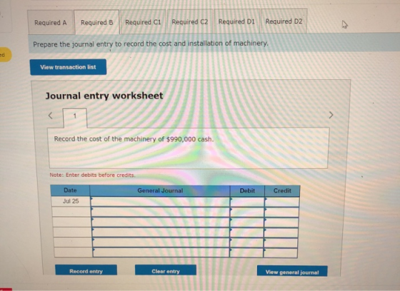 Required A Required B Required C1 Required C2 Required D1 Required D2 Prepare the journal entry to record the cost and instal