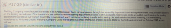 13 P17-39 (similar to) Question Help Fielding company manufactures car seats in its Chicago plant. Each car seat passes throu
