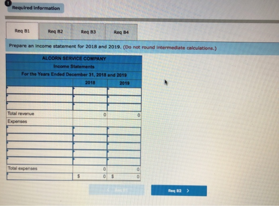 Required information Req B1 Req B2 Req B3 Req B4 Prepare an income statement for 2018 and 2019. (Do not round Intermediate ca
