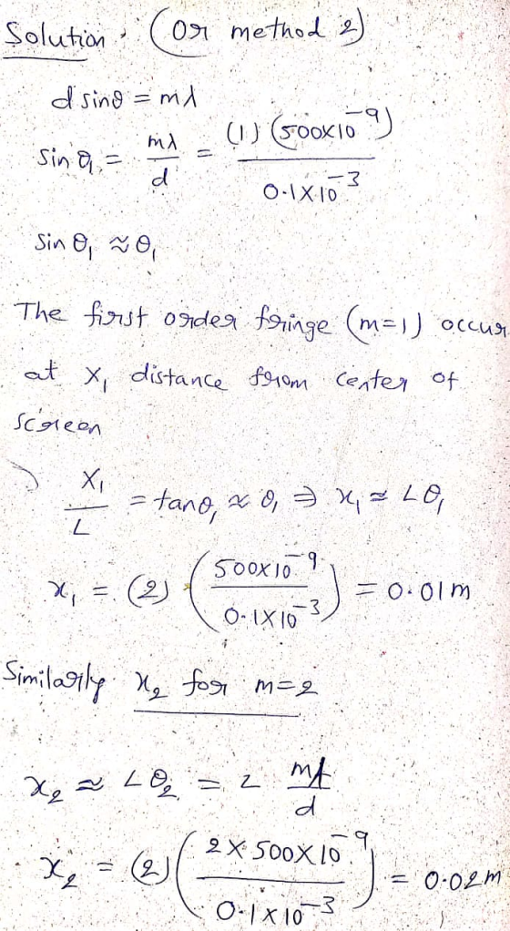 solution or or method 2 d sing = ml (0) (500X10 ×10 9) Sinan hid d 3 0-1X10 Sin e o The first order foringe (m=1) occur. at x
