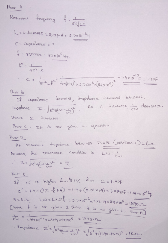 Past A Resonance frequency f = title f Luisdurance = 2.7MH = 2.7x10-6H c=capautance = ? f = 82mHz = 82x100 Hz $2,1 4T2LC 12 c