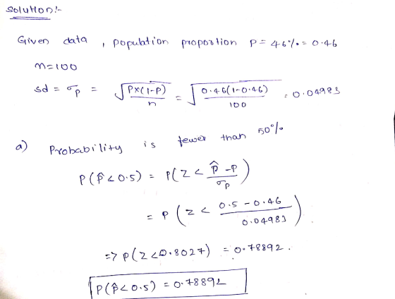 Soluton! Giiven data popubtion propostion P= 461.- 0 4-6 P PrCi-P) o 4 G(1-0.46) O 04983 50/ a) tewear than Prtobability P(ZP