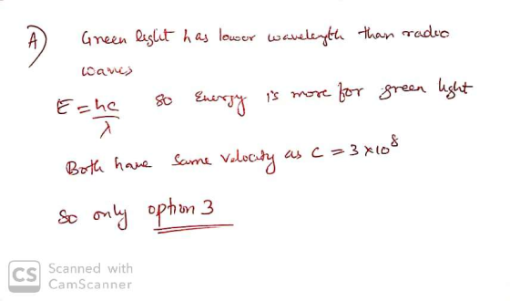 Green light has lowor wavelength than radio E=he so Energy is more for green light Both have some velocity as C = 3x108 so on
