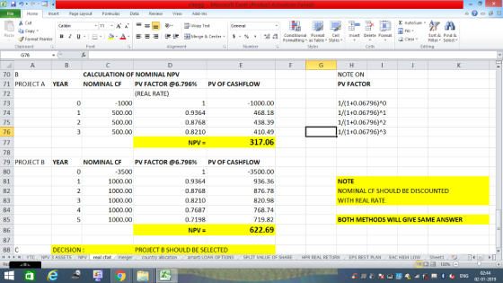 Home nert Page Layout Formulas Data Review View dd-Ins Cut Σ AutoSum 11 -A ーータ·Δ· ー E ゴText Wrap Text General B l U. s『 Merge & Center. $, % , n,a conditional Format Cell Insert Delete Format チFormat Painter Clipboard 2 ClearFe Select Edting Alignment Number Cells G76 ID 70 B 71|PROJECT A 72 73 74 75 76 CALCULATION OF NOMINAL NPV NOTE ON PV FACTOR YEAR NOMINAL CF PV FACTOR @6.796% (REAL RATE) PV OF CASHFLOW -1000 500.00 500.00 500.00 0.9364 0.8768 0.8210 1000.00 468.18 438.39 410.49 317.06 1/(1+0.06796)A0 1/(1+0.06796)A1 1/(1+0.06796)A2 1/(1+0.06796)A3 78 79.PROJECT B 80 81 82 83 84 85 86 87 88 C YEAR NOMINAL CF 0 PVFACTOR @6.796% PVOFCASHFLOW 3500 1000.00 1000.00 1000.00 1000.00 1000.00 0.9364 0.8768 0.8210 0.7687 0.7198 3500.00 936.36 876.78 820.98 768.74 719.82 622.69 NOTE NOMINAL CF SHOULD BE DISCOUNTED WITH REAL RATE 4 BOTH METHODS WILL GIVE SAME ANSWER DECISION: 3 ASSETS NPV real cfat merger PROJECT B SHOULD BE SELECTED 44 YTC NPV country allocation am ort LOAN OPTIONS SPLIT VALUE OF SHARE PR REAL RETURN EPS BEST PLAN EACHİGH LON -Sheet1 n 02-01-2019