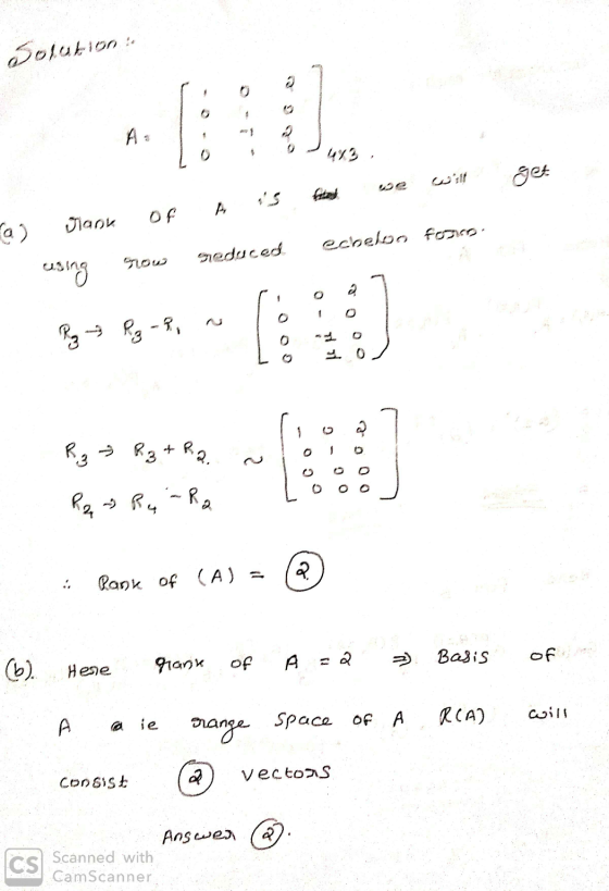 Solution get we will A fated Of a) Jhank echelon foro.. asing show sieduced R₂ R₂ + R2 ооо ooo R2 Ru - Ra . Rank of (A) = (