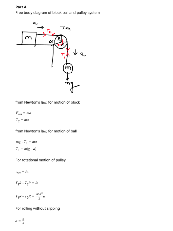 Part A Free body diagram of block ball and pulley system 7m from Newtons law, for motion of block Fnet = ma T2 = ma from New