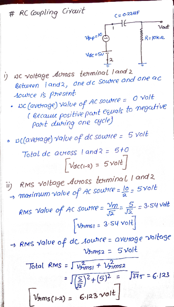 # RC coupling Circuit CE 0-22-4F Vout 2p.p=101 3 RAJOK- Vde=svų 12 j WC voltage doross terminal land 2 Between 1 and 2, One d