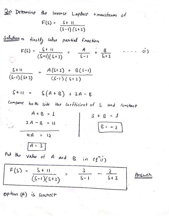 Qa Determine the inverse Laplace transform of F(S) = S + 11 (S-1) (5+3) Solution partial fraction firstly salve -- F(S) A S+