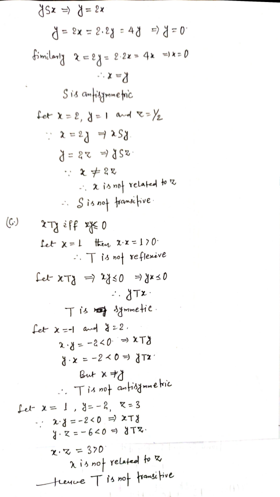 Ysx =) y = 2x 8 = 2x = 2.24 - 48 = 3 = 0 fimilarly 2 = 2y = ?-2x = 4x =)x=0 ..X=0 S is anfisymmetric fet x = 2, y = 1 and 2 -