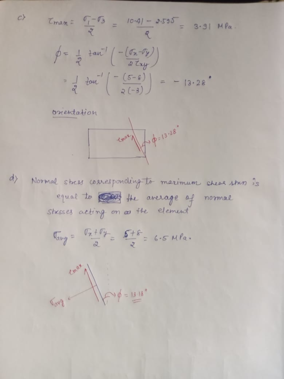 Tman = 10.41- 3.91 MPa. tan 1-(5n-ty) ( 2 lxy I tan (5-6) (-3) - 13.28 orientation b= 13.28 dy Normal stress corresponding t