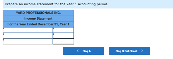 Prepare an income statement for the Year 1 accounting period. YARD PROFESSIONALS INC Income Statement For the Year Ended December 31, Year 1 K Req A Req B Bal Sheet>