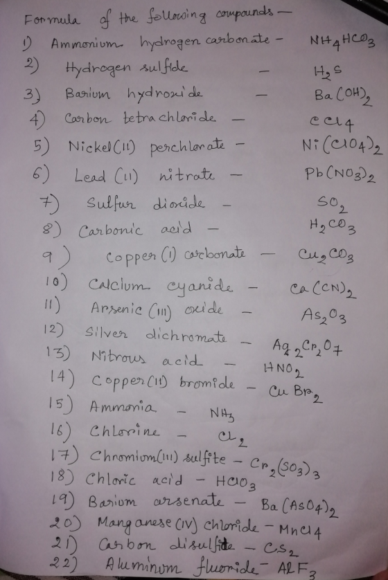 Sog Formula of the following compounds - 1 Ammonium hydrogen carbonate - NH 4 HCO3 2) Hydrogen sulfide Hes Barium hydroxide B