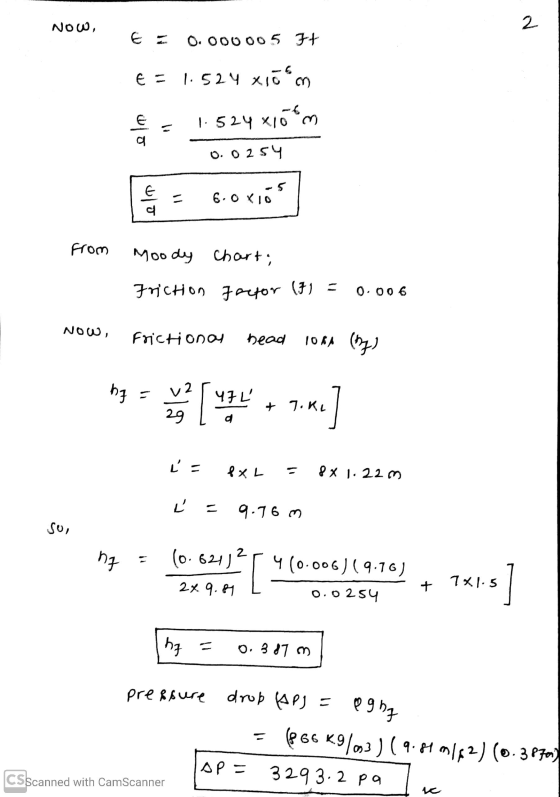 NOW, 2 0.000005 3+ E = 1.524 1.524 xiom alo = 1.524 x10 m 0.0254 dlo 6.0 rios From Moody Chart; Friction factor (fl = 0.006 N