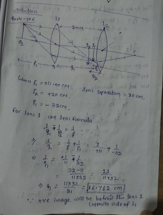 Criven h = 11.00 CM. solution Exple-206 showrot point and 2 -20cm - Pi X gi ag Suhl to est fjal lens separation = 20 cm, f =