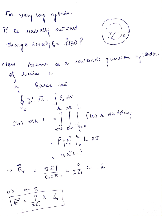 For linder very long ey E es radially R. Headially out ward. Charge density f= hup aus svom ey Londer Now a concentric gausso