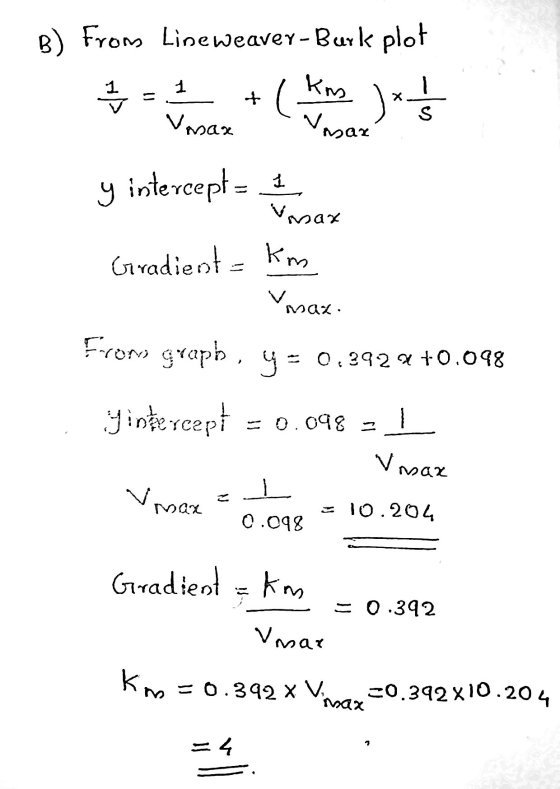 B) From Lineweaver-Burk plot 1 SA (km )* Ś S Vasan Vasar y intercept = 1 Vimax Gradient km Vasaz From grapb, y = 0.3924 +0.09