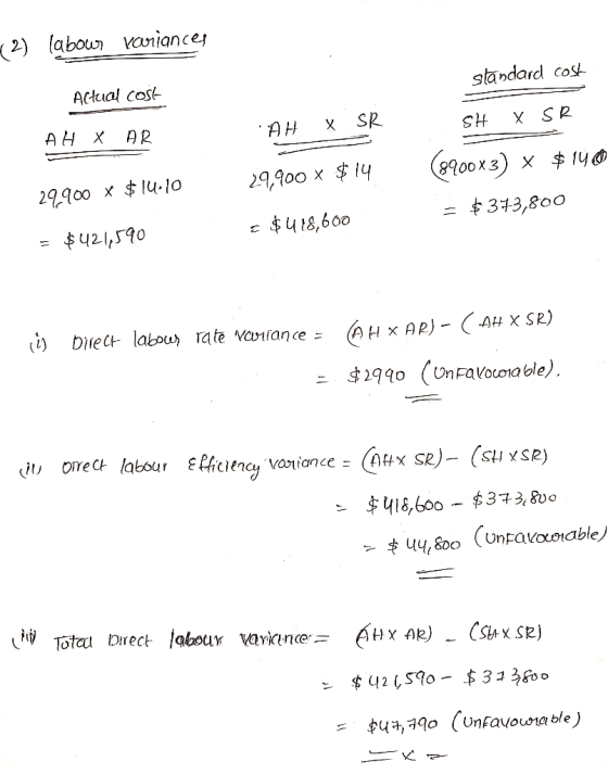 (2) labour variances standard cost Actual cost AH X AR AH X SR SH X SR (8900x3) * $ 1400 = $373,800 29,900 x $14 29900 x $14.