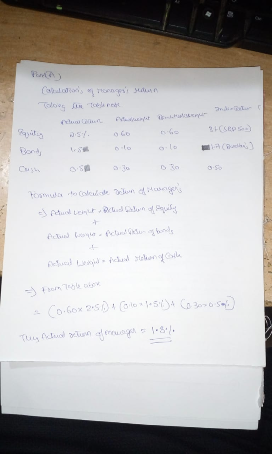 Parla) Calculations of Manageos return Talcing the table note Index Return nclual Qaun naualueight Bench Montaltraight AS 0.
