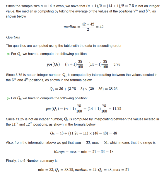 Since the sample size n = 14 is even, we have that (n+1)/2 = (14+1)/2 = 7.5 is not an integer value, the median is computing