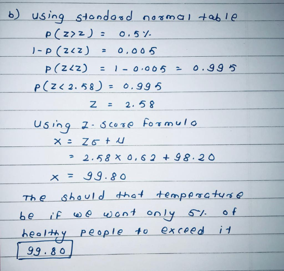 b) using standard normal table p (272) : 0.57. I-p(222) = 0,005 p(222) = 1-0.005 - 0.995 p(Z< 2.58 ) = 0,995 z = 2.58 using a