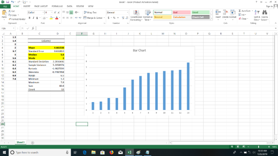 Book1 Excel (Product Activation Failed) HILE HOME INSERT PAGE LAYOLT FORMULAS DATA REVIEW EW 2 E Copy or Format Painter ·2. .--- se47 F Merge & Center . s-% , B 1 u . conditional tormatas Neutral Check Cell Insert Delete Format ClestFilter-Selert Sort Hind B rmatting Tahlr Edtng 1.3 1.4 columni 4.661539 Bar Chart 3.7 Slandard Erro 0.632814 5,6 6.1 6.2 6.4 6.5 6.6 7.3 Standard Deviation 2.281430 ample Variance 5.2058974 1.4627034 0.187958 7.8 13 9 10 11 12 3 Sheet1 ョ1 - O Type here to search 1030 AM 1/25/2019
