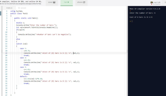 # compiler, Online C# IDE, and online C# RE. le Ca, run Cs, and host your programs and apps online for free. un share 요요 rep